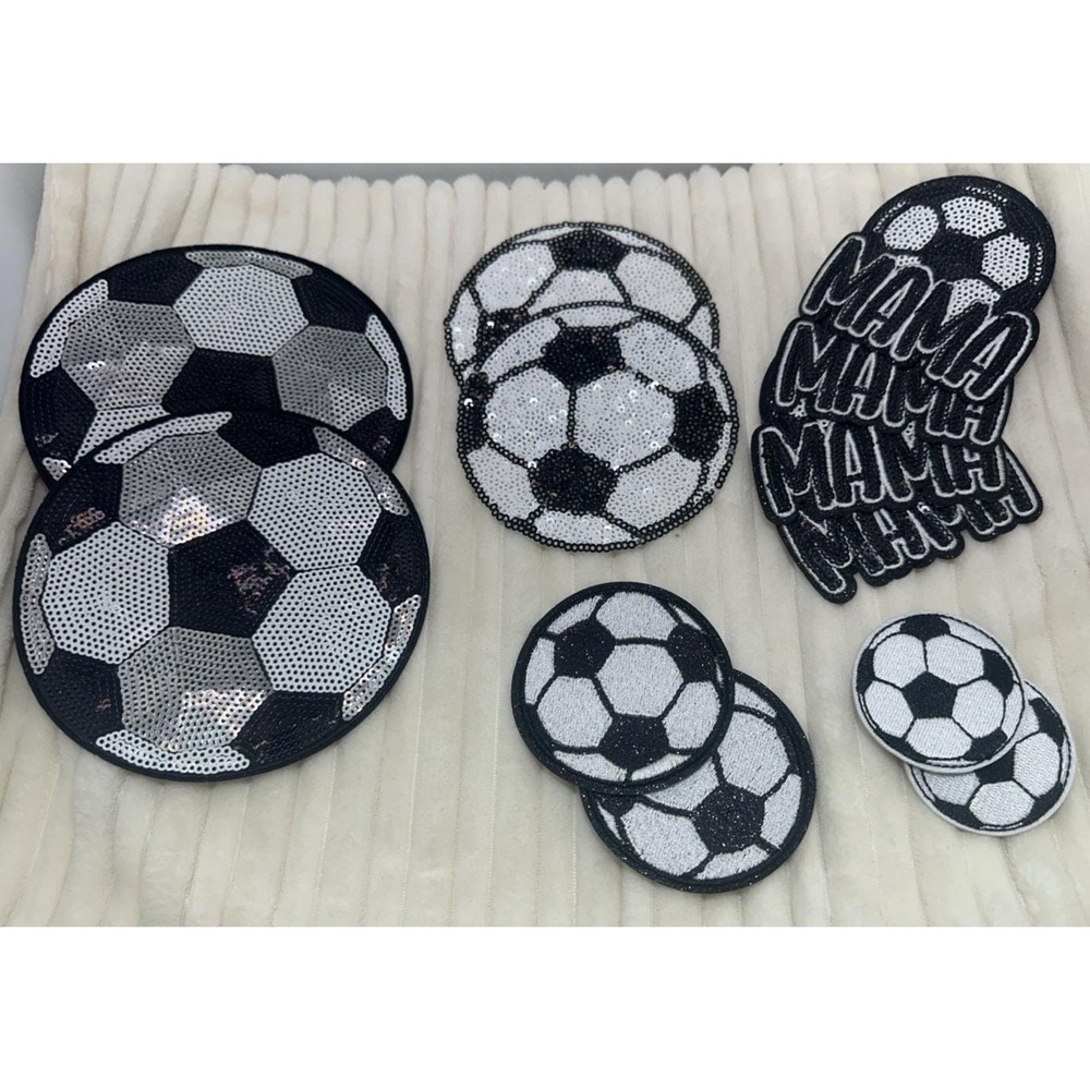 Qty 12 Soccer Ball & Soccer Mama Sew-On Sparkling Black Sequins Decal /Patch NEW